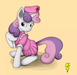 Size: 1646x1607 | Tagged: safe, artist:btbunny, derpibooru import, sweetie belle, pony, unicorn, bedroom eyes, clothes, nurse, raised hoof, sitting, smiling, solo