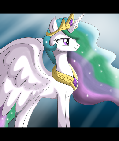 Size: 1157x1366 | Tagged: safe, artist:the-butch-x, derpibooru import, princess celestia, alicorn, pony, beautiful, crown, female, jewelry, mare, multicolored mane, multicolored tail, peytral, regalia, royalty, smiling, solo, sparkles, tiara, wings