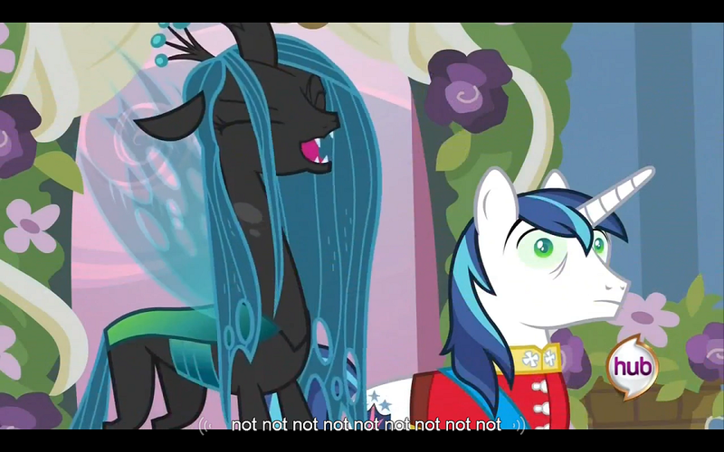 Size: 960x600 | Tagged: a canterlot wedding, changeling, changeling queen, derpibooru import, female, queen chrysalis, safe, screencap, shining armor, youtube caption