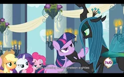 Size: 960x600 | Tagged: a canterlot wedding, applejack, changeling, changeling queen, derpibooru import, female, fluttershy, pinkie pie, queen chrysalis, rarity, safe, screencap, twilight sparkle, youtube caption