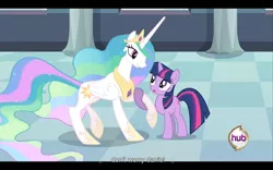 Size: 960x600 | Tagged: a canterlot wedding, daniel, derpibooru import, princess celestia, safe, screencap, twilight alias, twilight sparkle, youtube caption