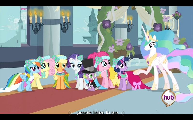 Size: 960x600 | Tagged: a canterlot wedding, applejack, bridesmaid dress, clothes, derpibooru import, dress, fluttershy, mane seven, pinkie pie, princess celestia, rainbow dash, rarity, safe, screencap, spike, twilight sparkle, youtube caption