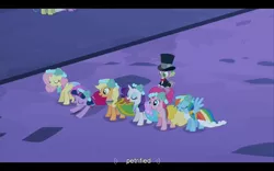 Size: 960x600 | Tagged: a canterlot wedding, applejack, bridesmaid dress, clothes, derpibooru import, dress, fluttershy, mane seven, pinkie pie, rainbow dash, rarity, safe, screencap, spike, twilight sparkle, youtube caption