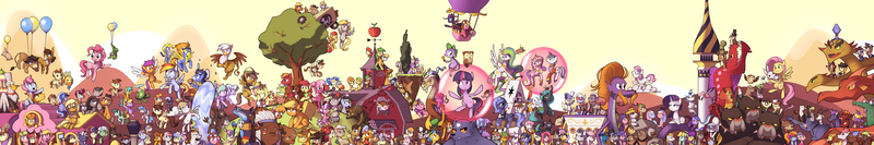 Size: 9600x1600 | Tagged: safe, artist:karzahnii, derpibooru import, ace, ahuizotl, airheart, all aboard, allie way, aloe, angel bunny, apple bloom, apple bumpkin, apple cobbler, apple fritter, applejack, aunt orange, basil, beauty brass, berry punch, berryshine, big macintosh, blossomforth, blues, bon bon, bons away, braeburn, bulk biceps, caboose, caesar, caramel, carrot cake, carrot top, cerberus (character), cheerilee, cherry jubilee, chief thunderhooves, cloud kicker, cloudchaser, cloudy quartz, colter sobchak, cookie crumbles, crackle, cranky doodle donkey, cup cake, daisy, daring do, derpy hooves, diamond tiara, discord, doctor fauna, doctor horse, doctor stable, doctor whooves, donut joe, dumbbell, fancypants, featherweight, fido, filthy rich, flam, fleur-de-lis, flim, flitter, flower wishes, fluttershy, garble, gilda, gizmo, golden harvest, granny smith, gummy, hayseed turnip truck, hoity toity, hondo flanks, hoops, hugh jelly, iron will, jeff letrotski, jesús pezuña, jetstream, junebug, lightning bolt, lily, lily valley, limestone pie, little strongheart, lotus blossom, lucy packard, lyra heartstrings, madame le flour, madden, manny roar, marble pie, matilda, mayor mare, minuette, mr breezy, mr. greenhooves, mulia mild, night light, north star, noteworthy, nurse coldheart, nurse redheart, nurse sweetheart, octavia melody, opalescence, owlowiscious, peewee, philomena, photo finish, pinkie pie, pipsqueak, pokey pierce, pound cake, prince blueblood, princess cadance, princess celestia, princess luna, pumpkin cake, quarterback, queen chrysalis, rainbow dash, rarity, roseluck, rover, rumble, sapphire shores, scootaloo, screw loose, screwball, sea swirl, seafoam, sheriff silverstar, shining armor, silver spoon, smarty pants, snails, snips, soarin', spike, spitfire, spot, spring melody, sprinkle medley, steamer, steven magnet, sunshower raindrops, surprise, sweetie belle, sweetie drops, symphonia, symphony, tank, thunderlane, time turner, trixie, truffle shuffle, twilight sparkle, twilight velvet, twinkleshine, twist, uncle orange, vinyl scratch, white lightning, wild fire, winona, zecora, alicorn, buffalo, cerberus, changeling, changeling queen, cockatrice, cyclops, diamond dog, donkey, dragon, earth pony, gryphon, hydra, manticore, minotaur, pegasus, pony, squid, timber wolf, unicorn, ursa minor, zebra, g1, apple cider, apple family, apple family member, carrot cup, cookieflanks, crankilda, cutie mark crusaders, derp, donny swineclop, everypony, female, film reel, flower trio, male, mane six, mare, multiple heads, nightvelvet, pie family, roberto the squid, royal guard, s1 luna, score, shiningcadance, shipping, sibsy, straight, the big lebowski, the oranges, three heads, wall of tags