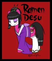 Size: 514x604 | Tagged: safe, artist:nauticaldog, derpibooru import, oc, unofficial characters only, pony, chopsticks in hair, clothes, kimono (clothing), makeup, ramen, stockings, thigh highs, zouri