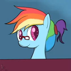 Size: 2035x2028 | Tagged: safe, artist:peperoger, derpibooru import, rainbow dash, alternate hairstyle, bust, cute, dashabetes, egghead, glasses, high res, ponytail, portrait, rainbow dork, solo