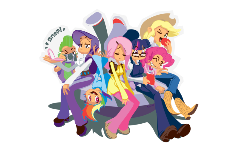 Size: 1600x1000 | Tagged: apple, applejack, artist:bennosuke, book, camera, derpibooru import, fluttershy, food, glasses, hat, humanized, mane six, one eye closed, onomatopoeia, pinkie pie, pixiv, rainbow dash, rarity, safe, simple background, sitting, spike, transparent background, twilight sparkle, upside down, wink