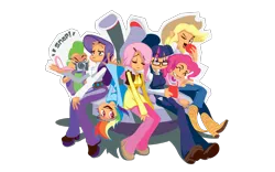 Size: 1600x1000 | Tagged: apple, applejack, artist:bennosuke, book, camera, derpibooru import, fluttershy, food, glasses, hat, humanized, mane six, one eye closed, onomatopoeia, pinkie pie, pixiv, rainbow dash, rarity, safe, simple background, sitting, spike, transparent background, twilight sparkle, upside down, wink