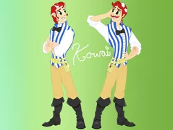 Size: 6000x4500 | Tagged: safe, artist:kowai, artist:the-epicteer, derpibooru import, flam, flim, human, absurd resolution, belt, boots, brothers, clothes, disney, flim flam brothers, flynn rider, handsome, high heel boots, humanized, image, jeans, male, necktie, pants, parody, png, shirt, shoes, siblings, solo, tangled (disney)