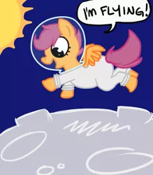 Size: 537x613 | Tagged: artist:daisydaisydoodles, astronaut, derpibooru import, "flying", flying, happy, moon, safe, scootaloo, space, spacesuit