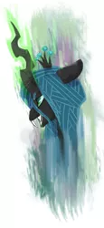 Size: 600x1300 | Tagged: artist:xieril, bust, changeling, changeling queen, dead source, derpibooru import, fangs, female, frown, glowing horn, queen chrysalis, safe, smiling, solo