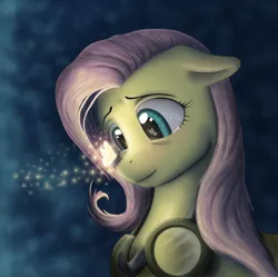 Size: 1352x1344 | Tagged: safe, artist:anadukune, derpibooru import, fluttershy, firefly (insect), pegasus, pony, beautiful, bust, eye reflection, female, floppy ears, goggles, insect on nose, looking at something, mare, reflection, smiling, solo, teary eyes