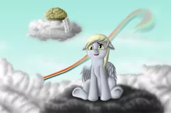 Size: 3008x2000 | Tagged: safe, artist:anadukune, derpibooru import, derpy hooves, pegasus, pony, female, high res, implied rainbow dash, mare, muffin, present, rainbow trail, raincloud