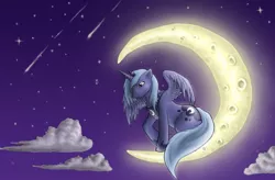 Size: 3000x1971 | Tagged: artist:anadukune, cloud, cloudy, crescent moon, derpibooru import, moon, princess luna, s1 luna, safe, shooting star, sitting, solo, tangible heavenly object