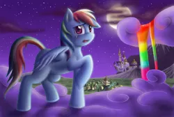 Size: 1000x672 | Tagged: safe, artist:anadukune, derpibooru import, rainbow dash, pegasus, pony, canterlot, cloud, cloudy, crying, female, full moon, hooves, i'm not cute, mare, moon, night, night sky, on a cloud, open mouth, ponyville, rainbow, rainbow fall, rainbow waterfall, raised hoof, sky, solo, standing on cloud, stars, teeth, waterfall, wings