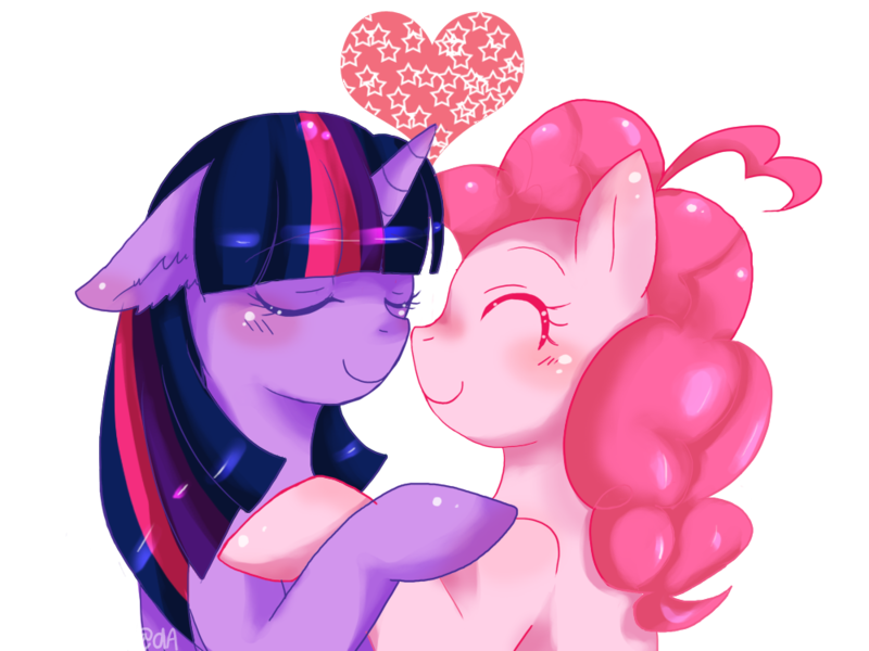 Size: 1000x750 | Tagged: safe, artist:charmyamber, derpibooru import, pinkie pie, twilight sparkle, blushing, eyes closed, female, happy, heart, lesbian, shipping, twinkie