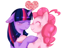 Size: 1000x750 | Tagged: safe, artist:charmyamber, derpibooru import, pinkie pie, twilight sparkle, blushing, eyes closed, female, happy, heart, lesbian, shipping, twinkie