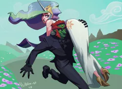 Size: 900x654 | Tagged: artist:hiivolt-07, carrying, celestia is not amused, clothes, crossover, derpibooru import, ganondorf, humanized, kidnapped, princess celestia, safe, suit, the legend of zelda, unamused
