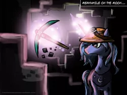 Size: 1024x768 | Tagged: artist:fongsaunder, derpibooru import, glowing horn, hat, helmet, magic, minecraft, mining helmet, parody, pickaxe, princess luna, s1 luna, safe, solo, telekinesis