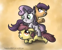 Size: 639x524 | Tagged: apple bloom, artist:fongsaunder, cutie mark crusaders, derpibooru import, pile, safe, scootaloo, sweetie belle, tower of pony, trio