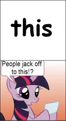 Size: 271x500 | Tagged: suggestive, artist:ponyflea, derpibooru import, twilight sparkle, pony, unicorn, clopping meme, comic sans, exploitable meme, female, font issues, implied masturbation, literal, mare, meme, solo