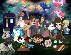 Size: 927x720 | Tagged: artist:lumpingmath, at least it's better than cartuneslover, bbc sherlock, blackie came hard, bolin, crossover, death note, derpibooru import, john watson, korra, l, mako, octavia melody, pinkie pie, princess luna, safe, tenth doctor, the legend of korra, vinyl scratch, wat