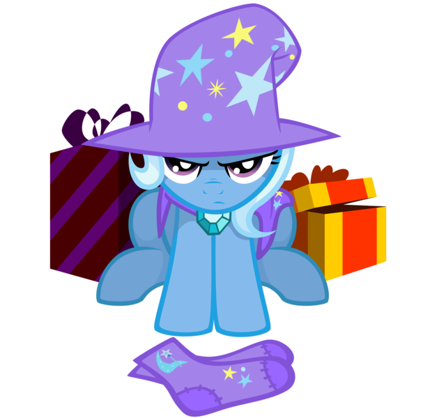 Size: 6301x6000 | Tagged: safe, artist:cptshutterfly, derpibooru import, trixie, absurd resolution, christmas, clothes, present, socks, unamused, vector