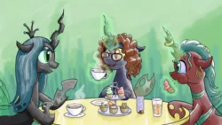 Size: 1600x900 | Tagged: artist:muffinshire, changeling, changeling queen, coffee, cupcake, derpibooru import, glasses, queen chrysalis, safe, tea party