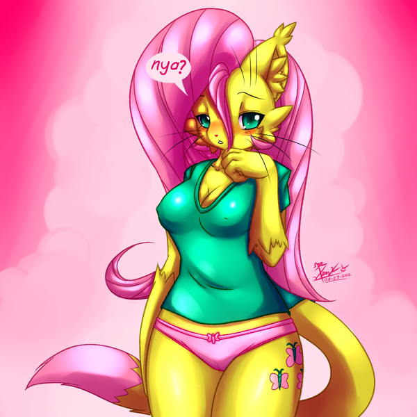 Size: 1000x1000 | Tagged: adorasexy, anthro, artist:mnxenx001, blushing, breasts, cameltoe, cat, cleavage, clothes, cute, cutie mark underwear, derpibooru import, erect nipples, female, fluttershy, looking at you, nipple outline, nipples, nya, panties, pink background, pink underwear, questionable, sexy, simple background, solo, solo female, species swap, underwear