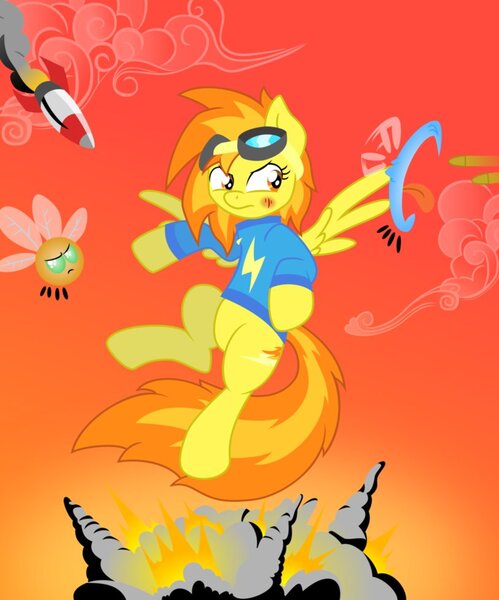 Size: 815x980 | Tagged: safe, artist:drewdini, artist:whitelightningbolt, derpibooru import, spitfire, parasprite, pegasus, pony, clothes, explosion, female, flying, mare, missile, shirt