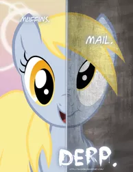 Size: 600x773 | Tagged: safe, artist:tehjadeh, derpibooru import, derpy hooves, pegasus, pony, :t, derp, food, mail, muffin, nose wrinkle, open mouth, poster, scrunchy face, smiling, solo, two sided posters