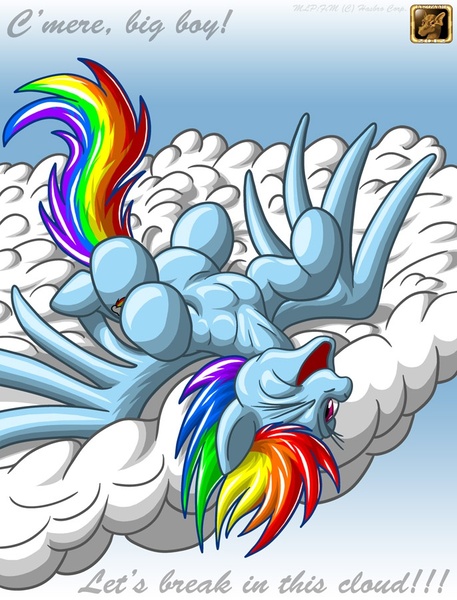 Size: 686x900 | Tagged: suggestive, artist:lysozyme, derpibooru import, rainbow dash, pegasus, pony, cloud, imminent sex, implied sex, looking at you, on back, one eye closed, solo, wink