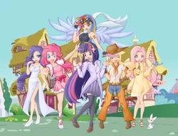 Size: 1104x849 | Tagged: angel bunny, animal, anime, applejack, armpits, artist:angriestangryartist, artist:t-babe, belt, bracelet, clothes, cowboy hat, derpibooru import, dress, elements of harmony, fingerless gloves, floating, fluttershy, gloves, goggles, group, hat, high heels, human, humanized, looking at you, mane six, one eye closed, open mouth, pants, paper, pinkie pie, ponyville, rainbow dash, raised leg, rarity, ring, safe, sandals, scarf, stetson, twilight sparkle, winged humanization, wink