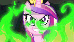 Size: 500x281 | Tagged: a canterlot wedding, animated, changeling, derpibooru import, disguise, disguised changeling, faic, fake cadance, fire, princess cadance, queen chrysalis, safe, screencap