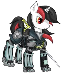 Size: 658x764 | Tagged: safe, artist:fukamaru, derpibooru import, oc, oc:blackjack, unofficial characters only, cyborg, pony, unicorn, fallout equestria, fallout equestria: project horizons, fanfic, augmented, clothes, cyber legs, fanfic art, female, hooves, horn, level 2 (project horizons), mare, simple background, solo, sword, transparent background, weapon