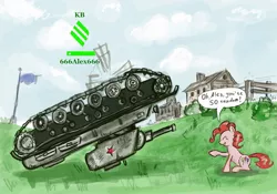 Size: 1280x898 | Tagged: safe, artist:agm, derpibooru import, pinkie pie, earth pony, pony, dialogue, female, kv-1, mare, smiling, tank (vehicle), upside down, vehicle, world of tanks