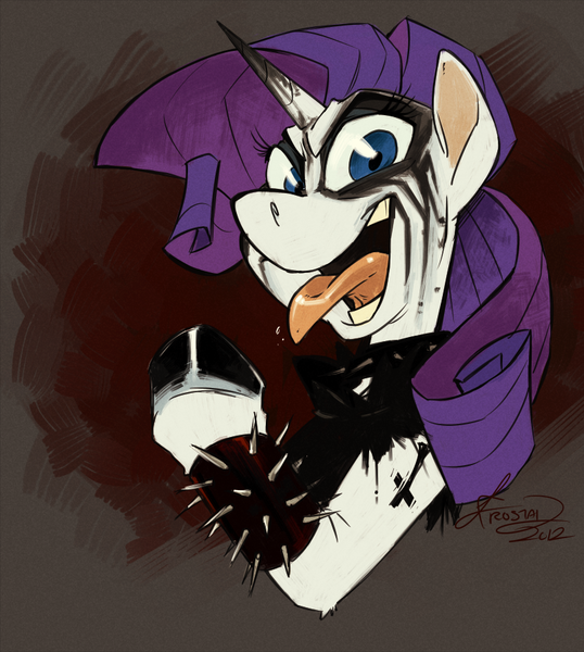 Size: 802x894 | Tagged: safe, artist:frostadflakes, derpibooru import, rarity, black metal, corpse paint, kvlt, makeup, spiked wristband, tongue out, wristband