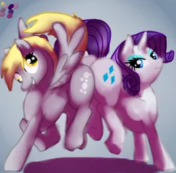 Size: 760x747 | Tagged: safe, derpibooru import, derpy hooves, rarity, pegasus, pony, butt bump, butt to butt, butt touch, female, mare, plot