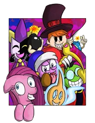 Size: 657x854 | Tagged: artist:sweet-candy-girl, crossover, derpibooru import, dimentio, fawful, kirby, mario & luigi, marx, peacock (skullgirls), pinkamena diane pie, pinkie pie, pokémon, rotom, safe, skullgirls, super mario bros., super paper mario