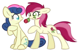 Size: 1100x750 | Tagged: artist:selective-yellow, bon bon, derpibooru import, female, lesbian, mouth hold, rose, rosebon, roseluck, safe, shipping, sweetie drops
