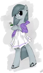 Size: 2089x3580 | Tagged: safe, artist:marisalle, derpibooru import, marble pie, earth pony, pony, bipedal, clothes, female, flower, high res, hoodie, mare, skirt