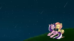 Size: 1280x719 | Tagged: safe, artist:lustrous-dreams, derpibooru import, posey, twilight sparkle, earth pony, pony, unicorn, ask original twilight, ask, duo, g1, g1 to g4, generation leap, night, outdoors, prone, shooting star, smiling, stars, talking, tumblr, wallpaper