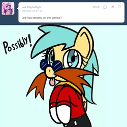 Size: 750x750 | Tagged: safe, artist:datahmedz, derpibooru import, sunshower raindrops, pony, raindropsanswers, ask, clothes, cosplay, costume, crossover, doctor eggman, solo, sonic the hedgehog (series), tongue out, tumblr