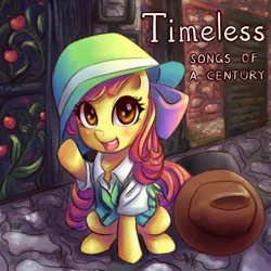 Size: 600x600 | Tagged: safe, artist:ninjaham, derpibooru import, apple bloom, earth pony, pony, adorabloom, album cover, apple, clothes, cute, female, filly, food, hat, michelle creber, parody, solo