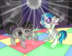 Size: 1600x1250 | Tagged: artist:muffinshire, dance floor, dancing, derpibooru import, disco, disco ball, glowstick, octavia melody, safe, vinyl scratch, whistle