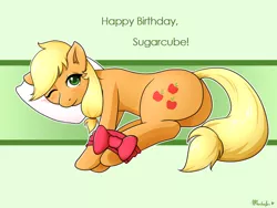 Size: 900x675 | Tagged: applejack, artist:marikaefer, derpibooru import, female, looking at you, ribbon, side, solo, solo female, suggestive, tied up, wink