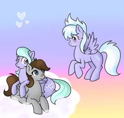 Size: 1000x950 | Tagged: safe, artist:marikaefer, derpibooru import, cloudchaser, flitter, oc, oc:fuselight, pegasus, pony, ask flitter and cloudchaser, cloud, female, mare, prone, rule 63