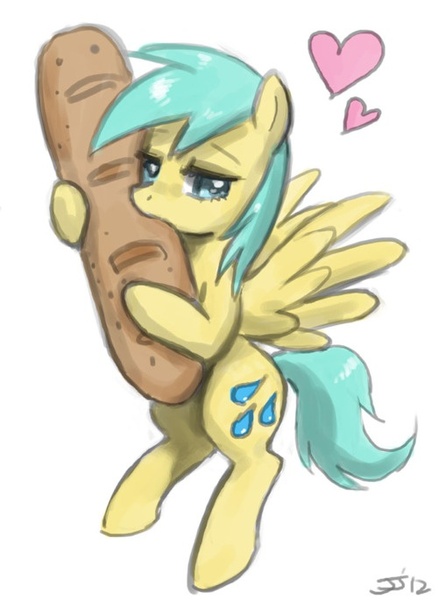 Size: 500x685 | Tagged: safe, artist:johnjoseco, derpibooru import, sunshower raindrops, pegasus, pony, bread, cargo ship, crack shipping, female, heart, mare, nom, shipping