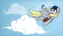 Size: 1920x1080 | Tagged: safe, artist:teknibaal, derpibooru import, derpy hooves, butterfly, pegasus, pony, bag, cloud, female, flying, mailbag, mare, open mouth, sky, smiling, solo, spread wings, wallpaper, wings