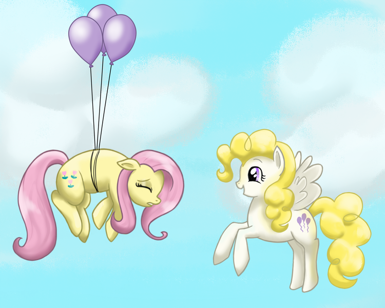 Size: 1500x1200 | Tagged: artist:marikaefer, balloon, derpibooru import, duo, flying, g1, g1 to g4, generation leap, posey, safe, surprise